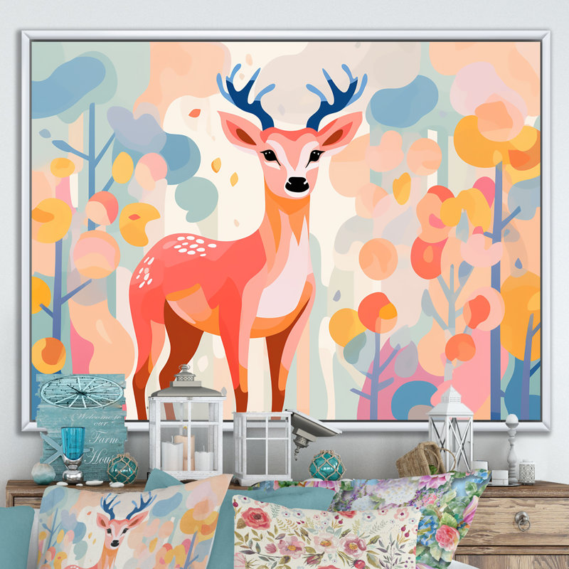 Art floral mural, cerf rose, H 24 po x l 32 po x P 1 po, Cadre flottant blanc