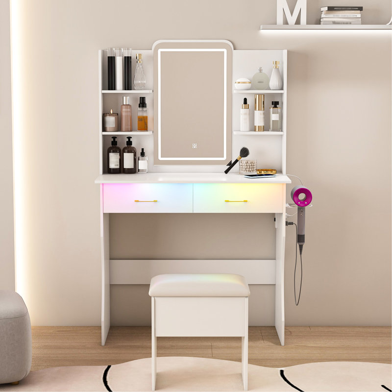 Coiffeuse avec éclairage ambiant intelligent, 2 prises de courant alternatif et 6 espaces de rangement ouverts pour les chambres des femmes