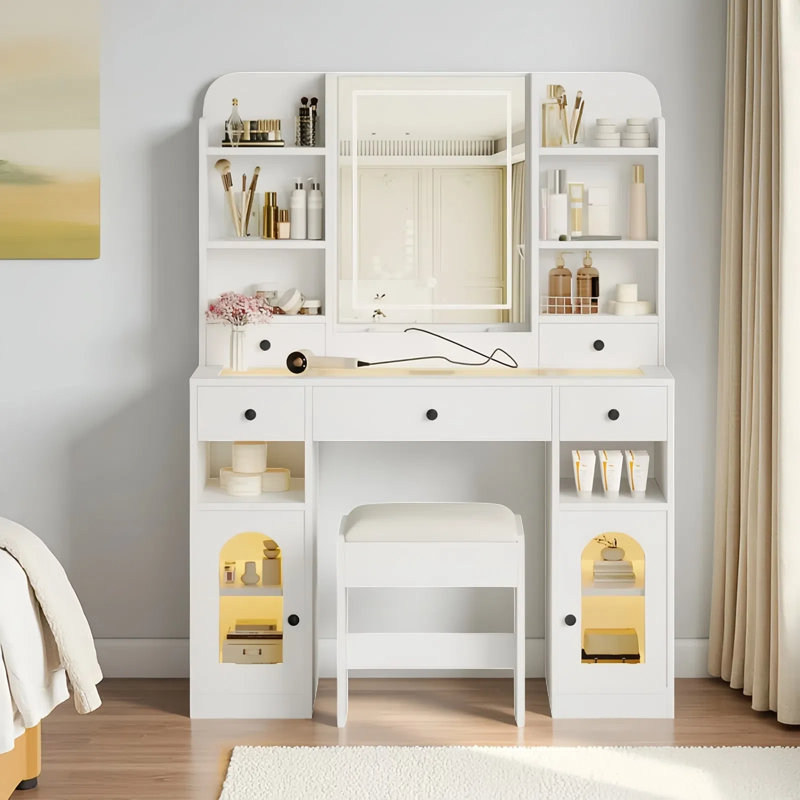 43" RGB LED Vanity Desk With Illuminated Mirror, Glass Top & 5 Drawers - Includes Stool
