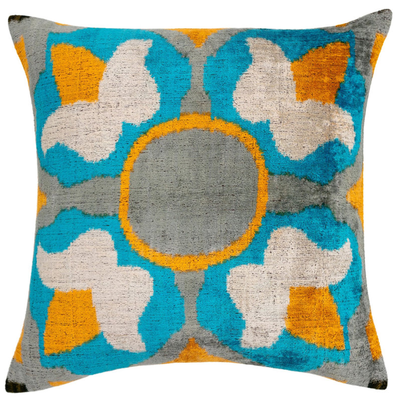 Handmade Square Blue Yellow Gray Velvet Accent Pillow 20"x20"