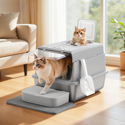 Stainless Steel Cat Litter Box With Flip Lid, Litter Catcher Mat And Box, 2 Doors, Scoop, For Cats Up To 33 Lb