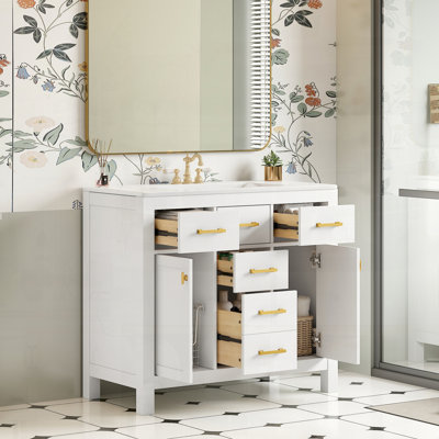 Meuble-lavabo autoportant moderne avec lavabo en céramique et tiroirs en bois massif