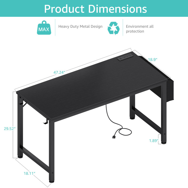 Bureau d'écriture rectangulaire avec prises de courant, Noir, noir, noir, noir, H 29,52 po x l 47,24 po x P 18,9 po