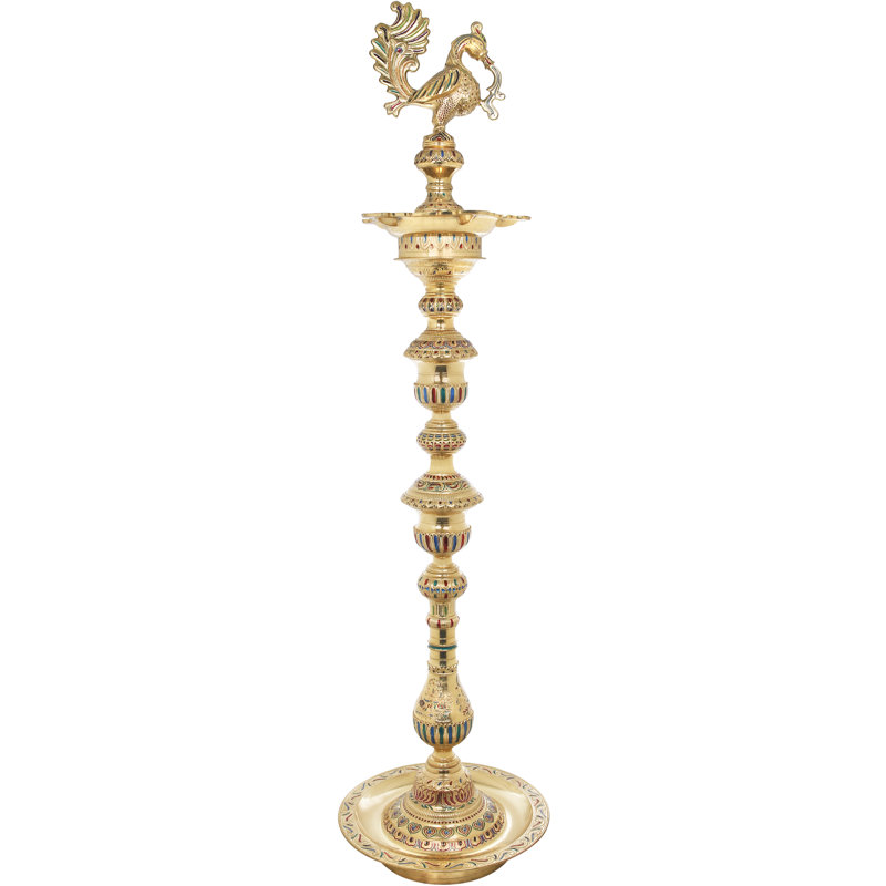 66-Inch Superfine Brass Floor Lamp with Meenakari Enamel Work, Grand Indian Anam Peacock Diya for Statement Lightin