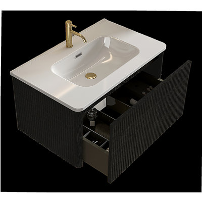 Table de salle de bain rayée brossée avec lavabo en céramique, table de salle de bain moderne pré-assemblée