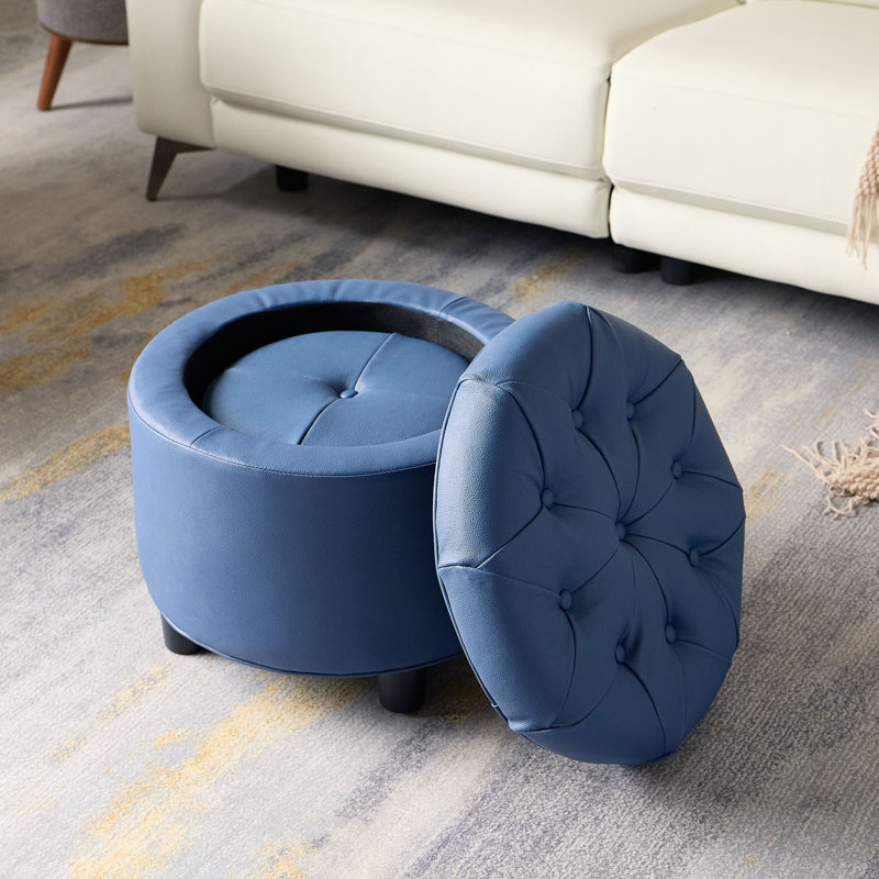2 Piece Genuine Leather Tufted Round Storage Footstool Ottoman Set , Blue
