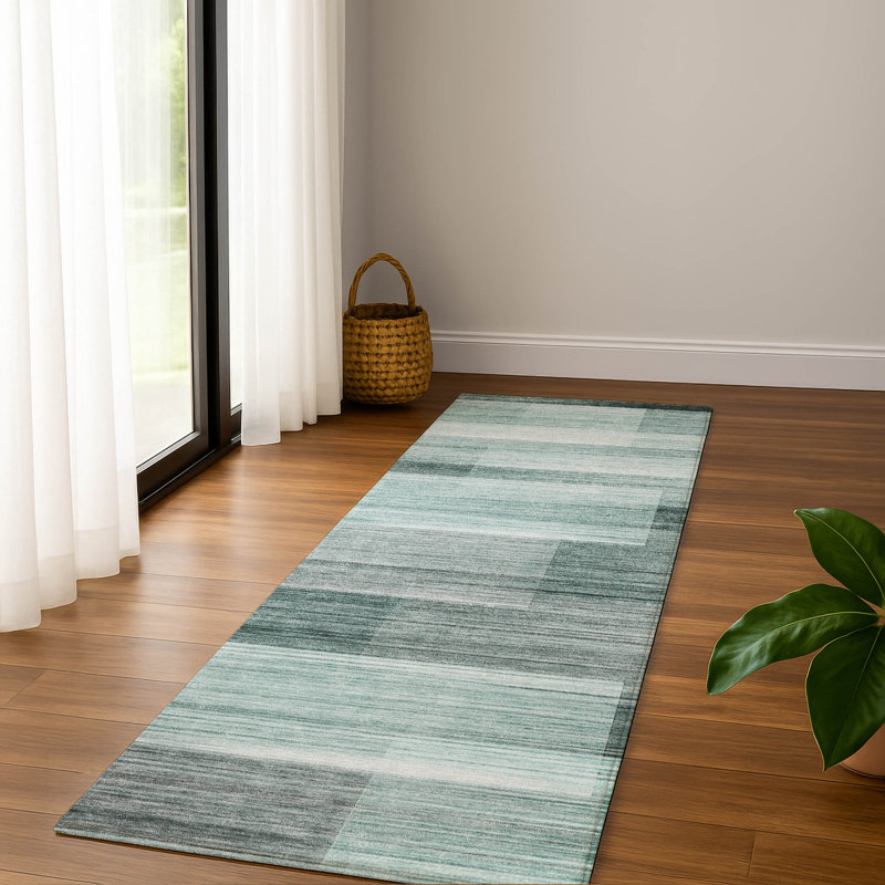 Premium Machine Washable Mayfield AMF2082 Striped Rug, 2'3" x 7'6" Runner, Teal