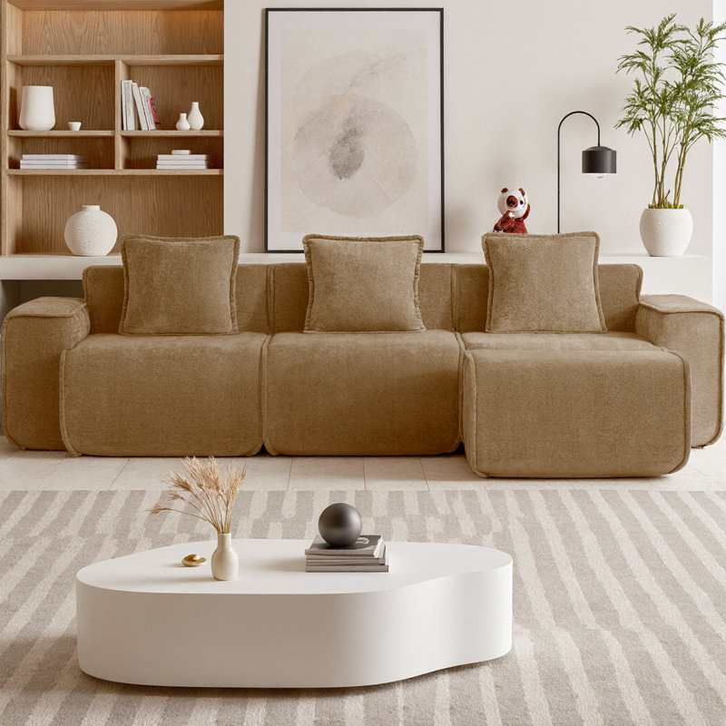 Streamlined Design Modular 3-Seater L-Shape Sectional Boneless Sofa with French Edge Piping, No Assembly Required Velvet Couch with Throw Pillows and Movable Ottoman