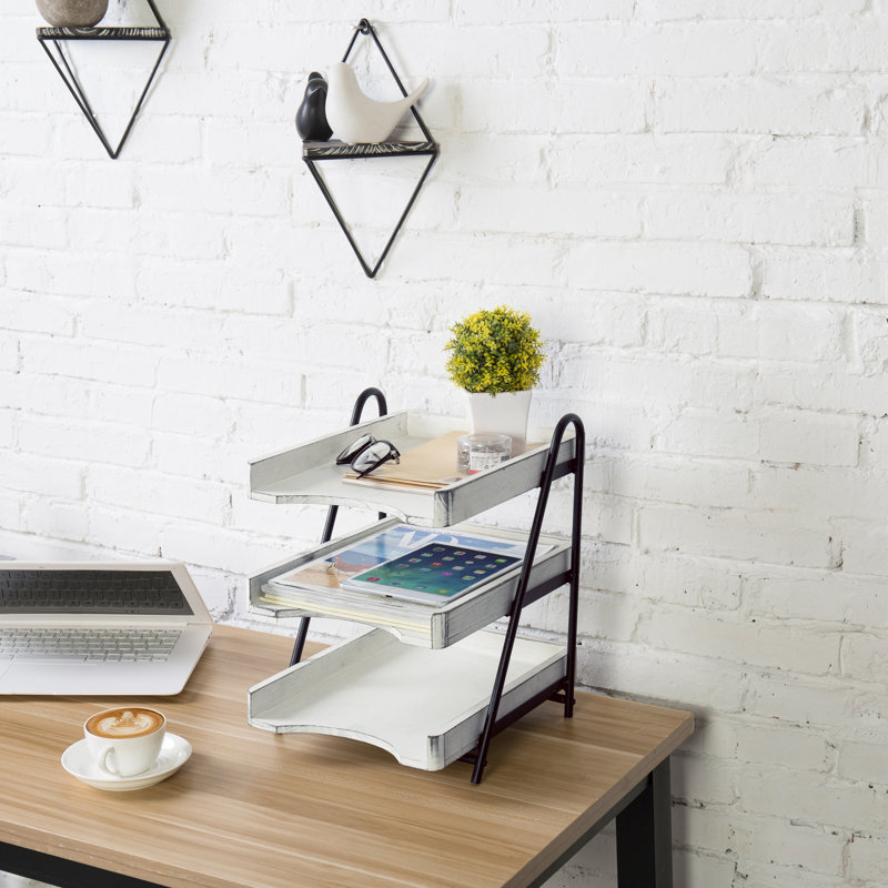 Vintage White Wood and Black Metal 3-Tier Office Desk Organizer
