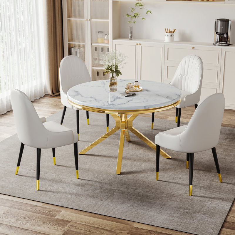 Round Unfinished Marble Top Metal Base Dining Table, White, Gold