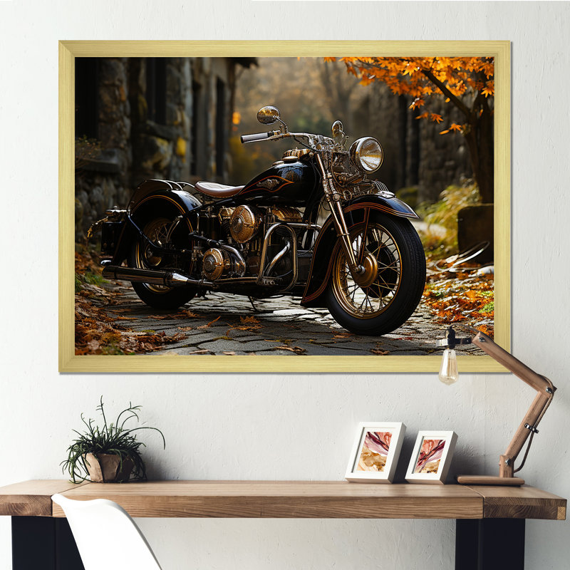 Motif de moto en hiver - Décoration murale moto, Cadre doré simple, H 12 po x l 20 po x P 1 po
