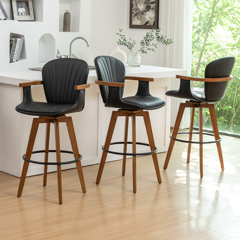 Tabourets pivotants 360 ° avec pieds en bambou Karez (ensemble de 3), Noir, Tabouret de bar (siège d’une hauteur de 30 po)