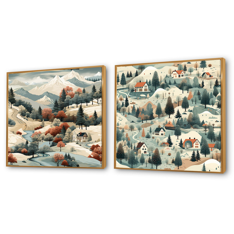 Gurmit - Ensemble de 2 collage paysage carré, H 16 po x l 33 po, Cadre flottant doré