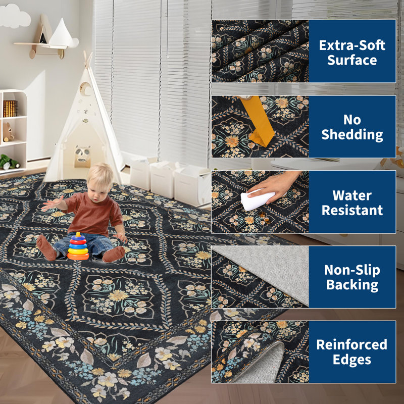 Classic Distressed Area Rug - Machine Washable, Non-Slip, Low Pile, Non-Shedding Carpet with Bordered Design for Bedroom, Living Room, Dorm - Black Gray Multi, 9x12ft