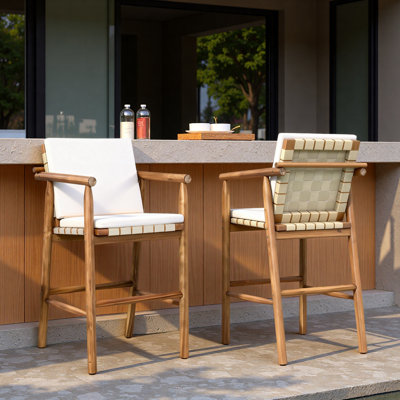 Set Of 2 Outdoor Bar Stools Chair With Backrest Arm And Webbing Seat