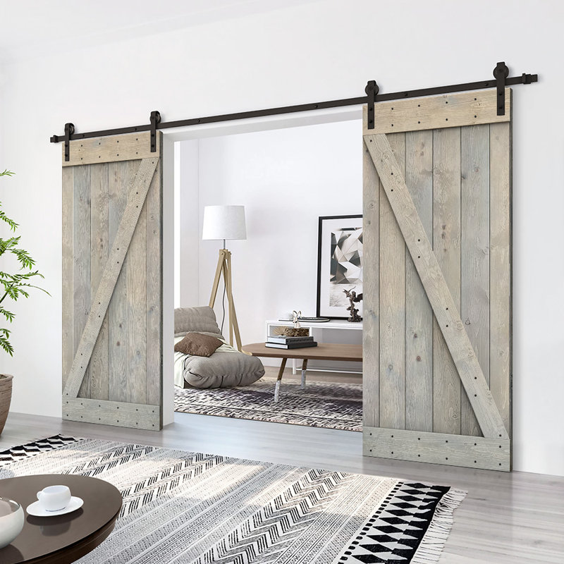 Porte de grange en bois massif lambrissé et métal, 64 po x 84 po, Gris fumée