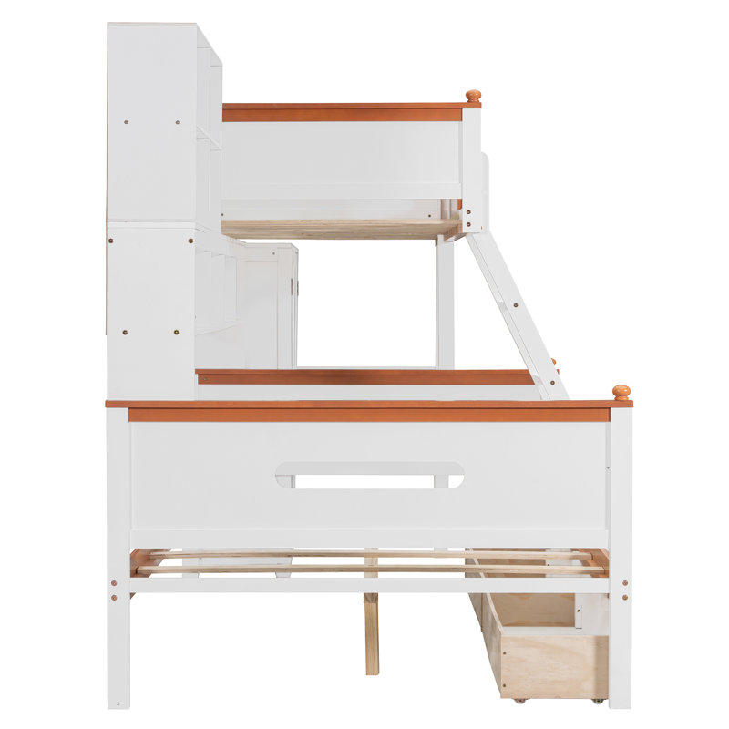 Twin over Full Wooden Bunk Bed with Wardrobe, Drawers, Shelves & LED Light, Space-Saving Loft Bed for Kids Bedroom, White & Orange