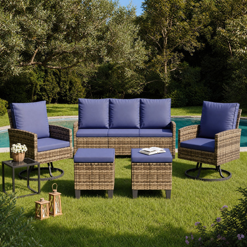 Ensemble de conversation modulaire en osier pour 5 personnes avec repose-pieds, Yellow, Navy