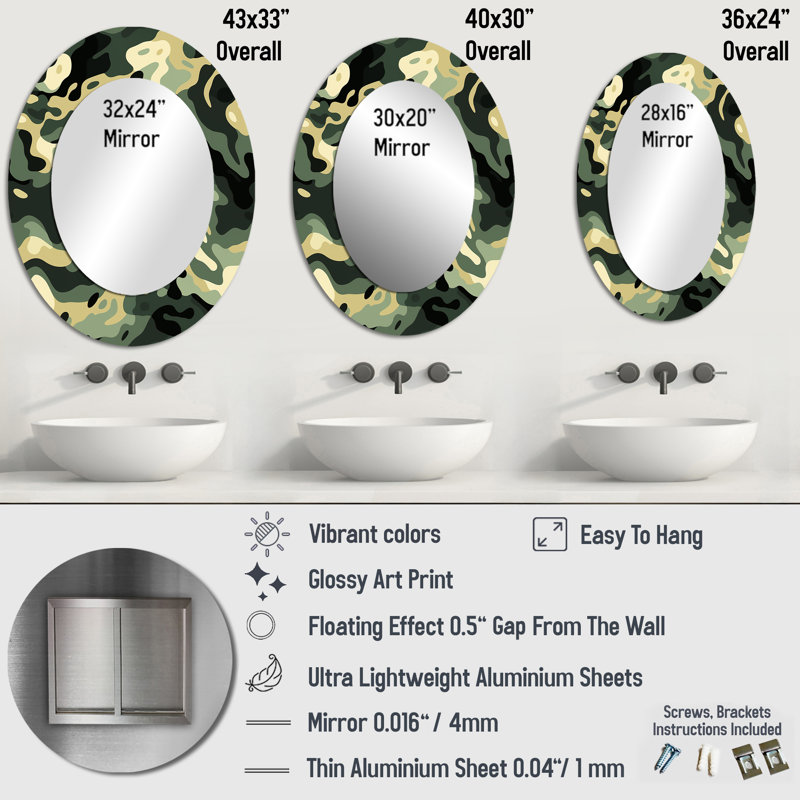 Miroir mural vert et noir camouflage chic et moderne, H 36 po x l 24 po