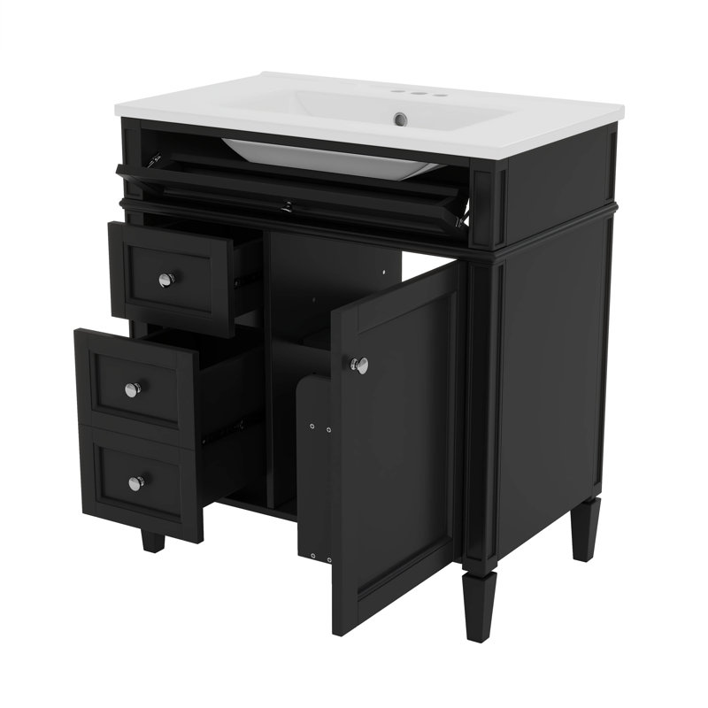 Meuble-lavabo moderne 30 po avec lavabo supérieur, 2 tiroirs et tiroir basculant, Noir, Argent argent