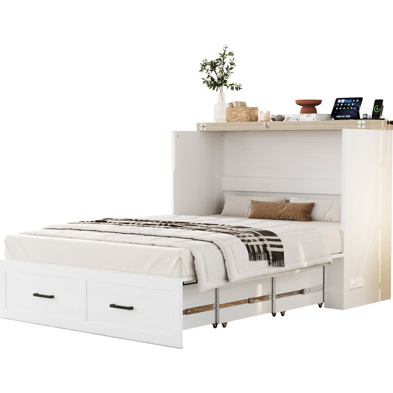 Lit plateforme pleine grandeur pliable avec machines de chargement et boîte de rangement abondante, armoire blanche pour chambre d'amis compacte, grand bac, petit