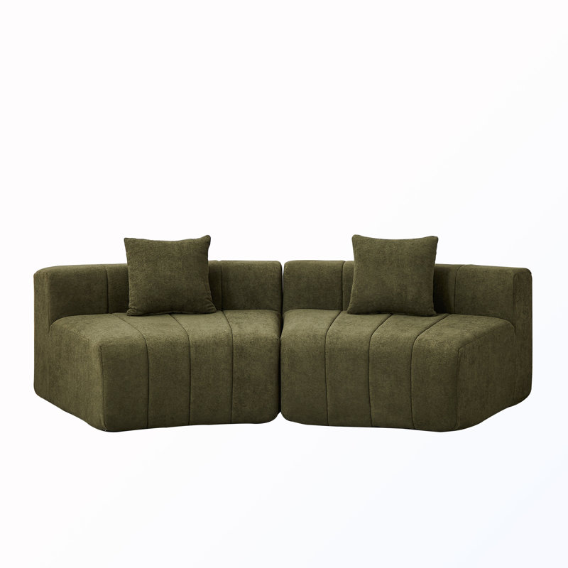 Curved Sectional Sofa With 2 Pillows, Green Chenille