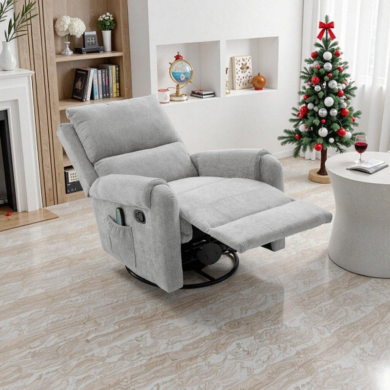 Chenille Upholstery Manual Massage Recliner Chair With Swivel Rocker Adjustable Positions Side Pocket, Gray