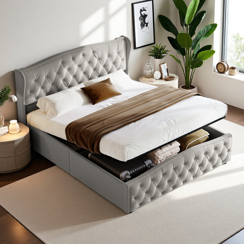 Upholstered Storage Bed Frame, Kingsize (5'), Grey