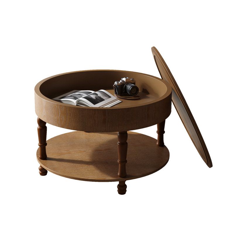 Table basse double avec rangement pour le salon, table basse ronde moderne de 31,5 po, Brun