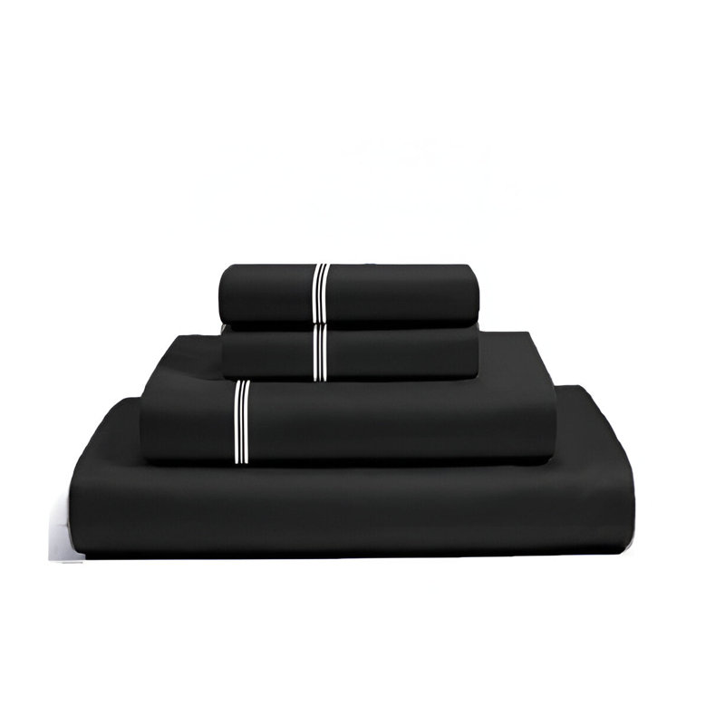 400TC Cotton Classic Luxurious Embroidery Cotton 4 Piece Sheet Set Fitted Sheet Fits Upto 16" Deep Pocket, Black/White
