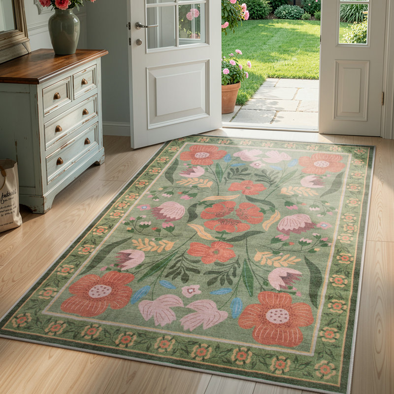 Tapis lavable floral rétro avec envers antidérapant Kaldi, Rectangle 5 pi x 7 pi