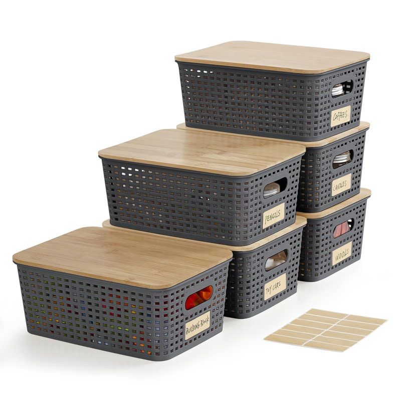 Set of 6 Stackable 5.2QT Plastic Storage Containers With Bamboo Lids & Label Holder, 10×7.2×4.1 Inch Multipurpose Organizer Bins for Pantry Closet Desk Office