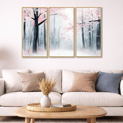 «Seasonal Forest Wall Art, Winter Spring Woods Canvas - Transition Forest Entre Winter And Spring», ensemble de 3 toiles encadrées