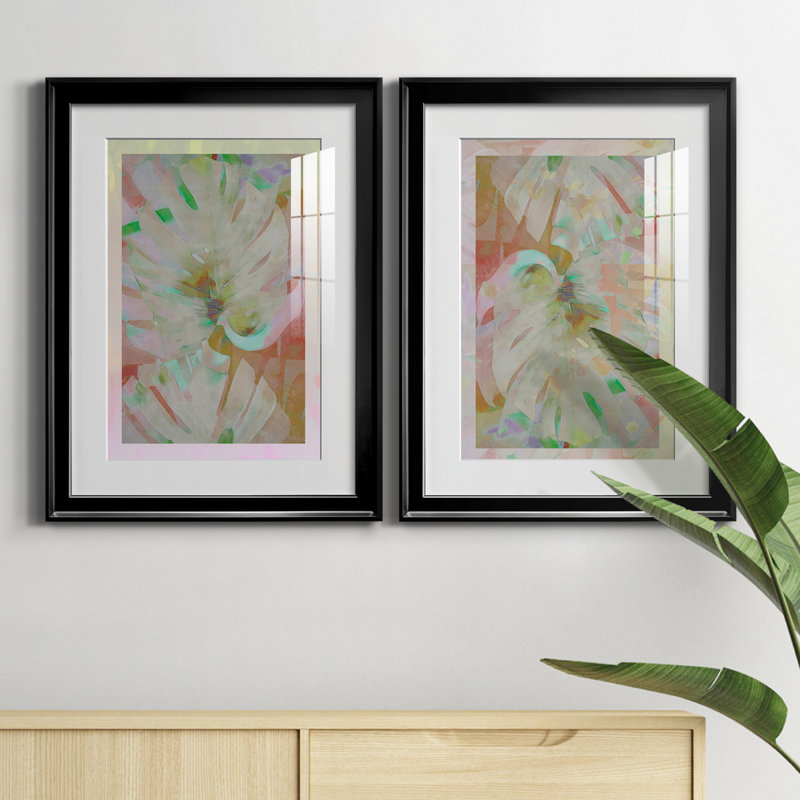 Retro Palms I - ensemble de 2 reproductions d'art, Blanc, Papier encadré noir, H 30,5 po x l 85 po x P 1,5 po