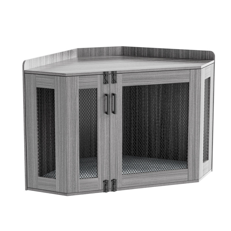 Cage de coin grise pour chien avec tapis