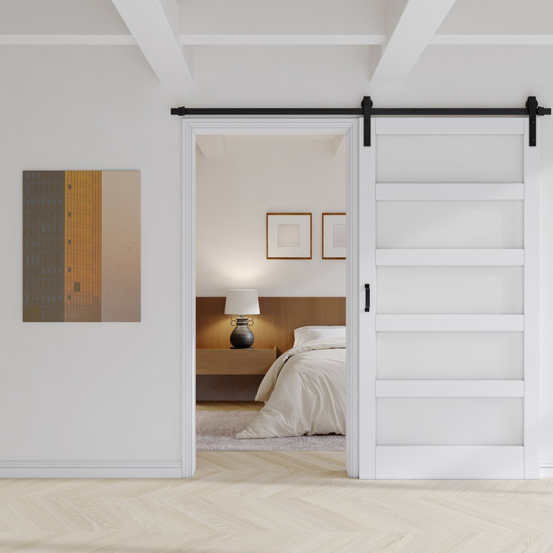 White 5-Panel Frosted Glass Sliding Barn Door with Hardware Kit
