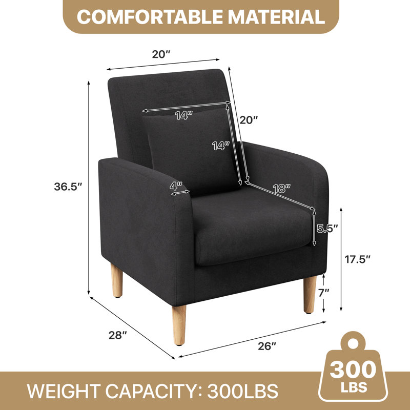 Upholstered Accent Chair Armchair with Pillow Cushion, Reading Side Chair Single Sofa with Wood Legs, Black