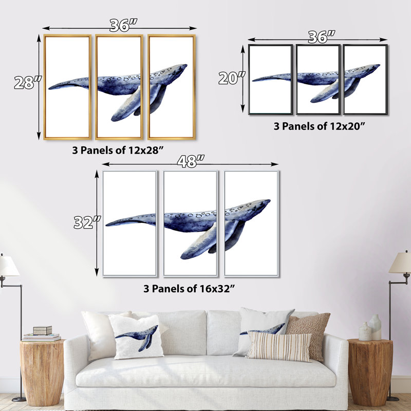 «Blue Sperm Whale on White IV», photographie flottante sur toile 3 pièces, H 28 po x l 36 po x P 1 po, Cadre noir
