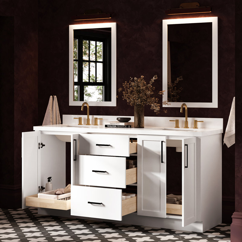   Kayleigh 73 Inch Double Rectangle Sink Bathroom Vanity with Pure White Quartz Countertop 1.5 Inch in White, Rectangle