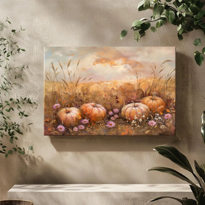 1pc Framed Canvas Wall Art Prints Poster, Pumpkin Wildflower Field Art Posters Canvas Print Painting for Living Room Bedroom Office Bathroom Dorm Home Decor, Ready To Hang