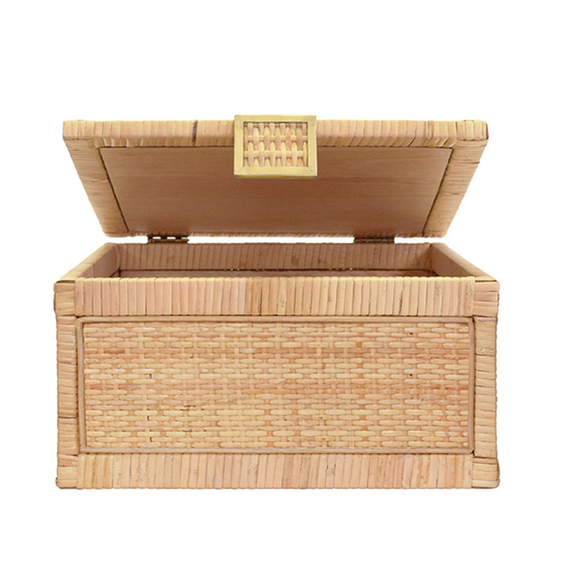 Natural Rattan Decorative Box with Brass Accents