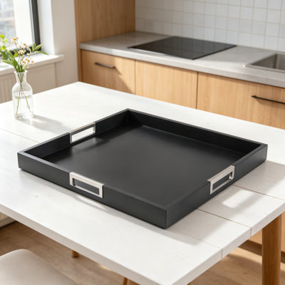 Square Wood Serving Tray with Handles for Coffee Table, Ottoman, and Living Room Decor - Sturdy Rubberwood for Breakfast, Dinner, and Snacks, Elegant Black Finish