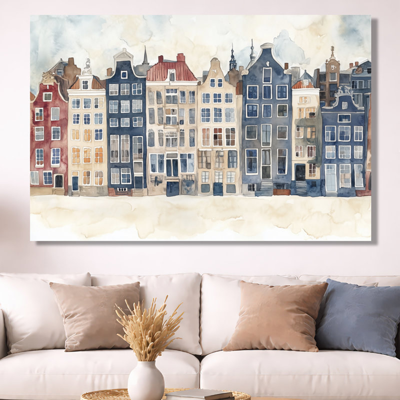 Maisons des canaux d'Amsterdam - Tableau encadré sur toile représentant un paysage urbain bleu marine, H 40 po x l 60 po