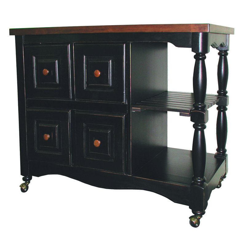 Liudger Solid Wood Kitchen Cart with Push-Through Drawers, Storage Shelves, and Rolling Casters - Antique Black and Cherry