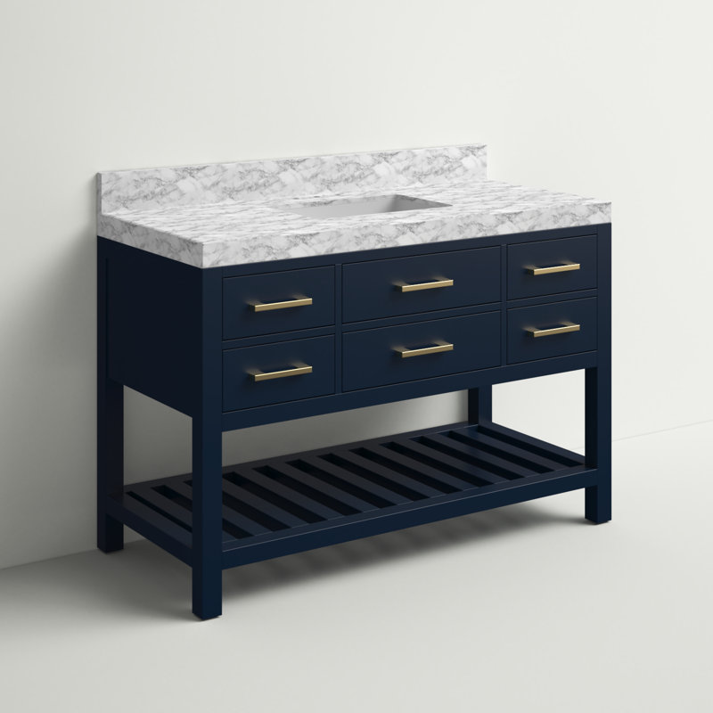 Ensemble de meuble-lavabo simple 48 po Carrie, Bleu héritage / or brossé, Marbre blanc de Carrare