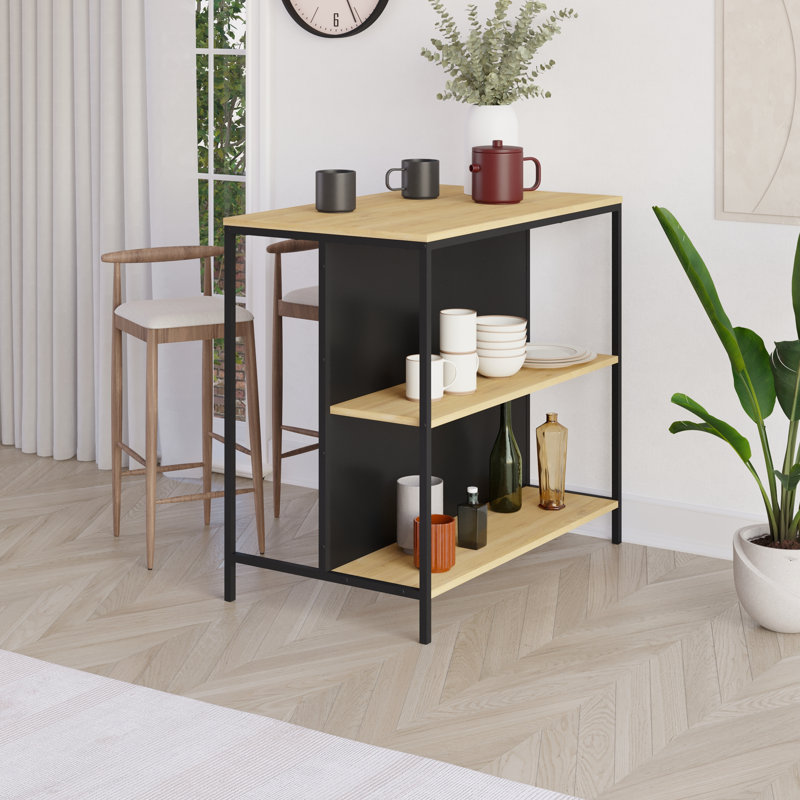 Cuaron Rectangular Bar Cabinet with Open Shelves, Saphire Oak/Silky Black/Saphire Oak