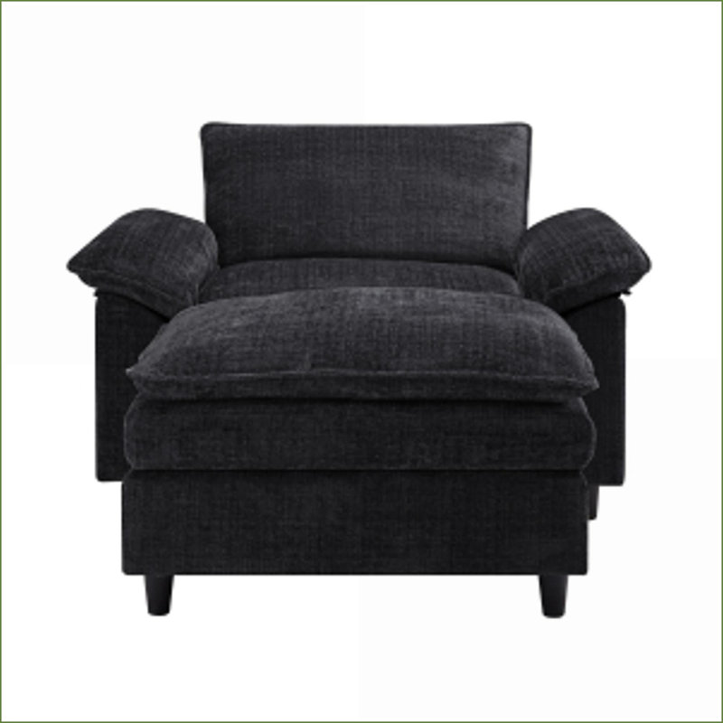 Fauteuil d'appoint avec repose-pieds en chenille moderne et surdimensionné pour le bureau de la chambre à coucher du salon | Noir | Chenille