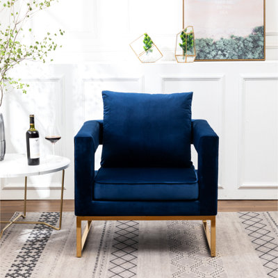 Siège rembourré avec accoudoirs confortables, revêtement en velours bleu, base en métal, carré, dossier avec coussin de soutien, support