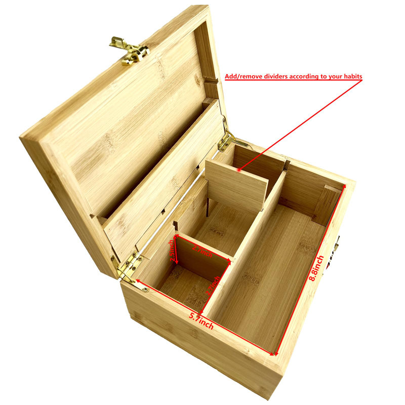 Large Bamboo Stash Box With Combination Lock Jars With Detachable Compartment, Wooden Decorative Storage Box With Alright Brushes