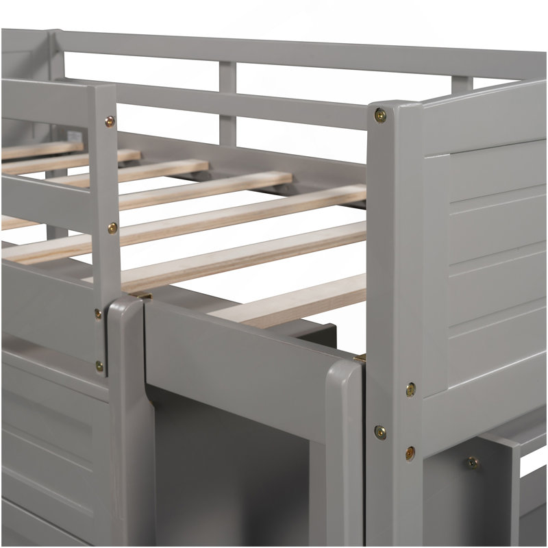 Lit mezzanine bas simple avec armoires, tablettes et glissade - gris